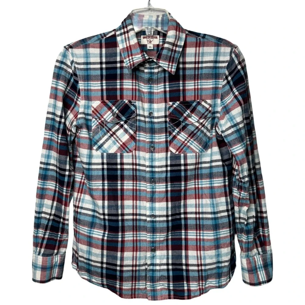 True Religion Shirt Mens Small Blue Red Plaid Flannel‎ Style Dual Pocket Casual